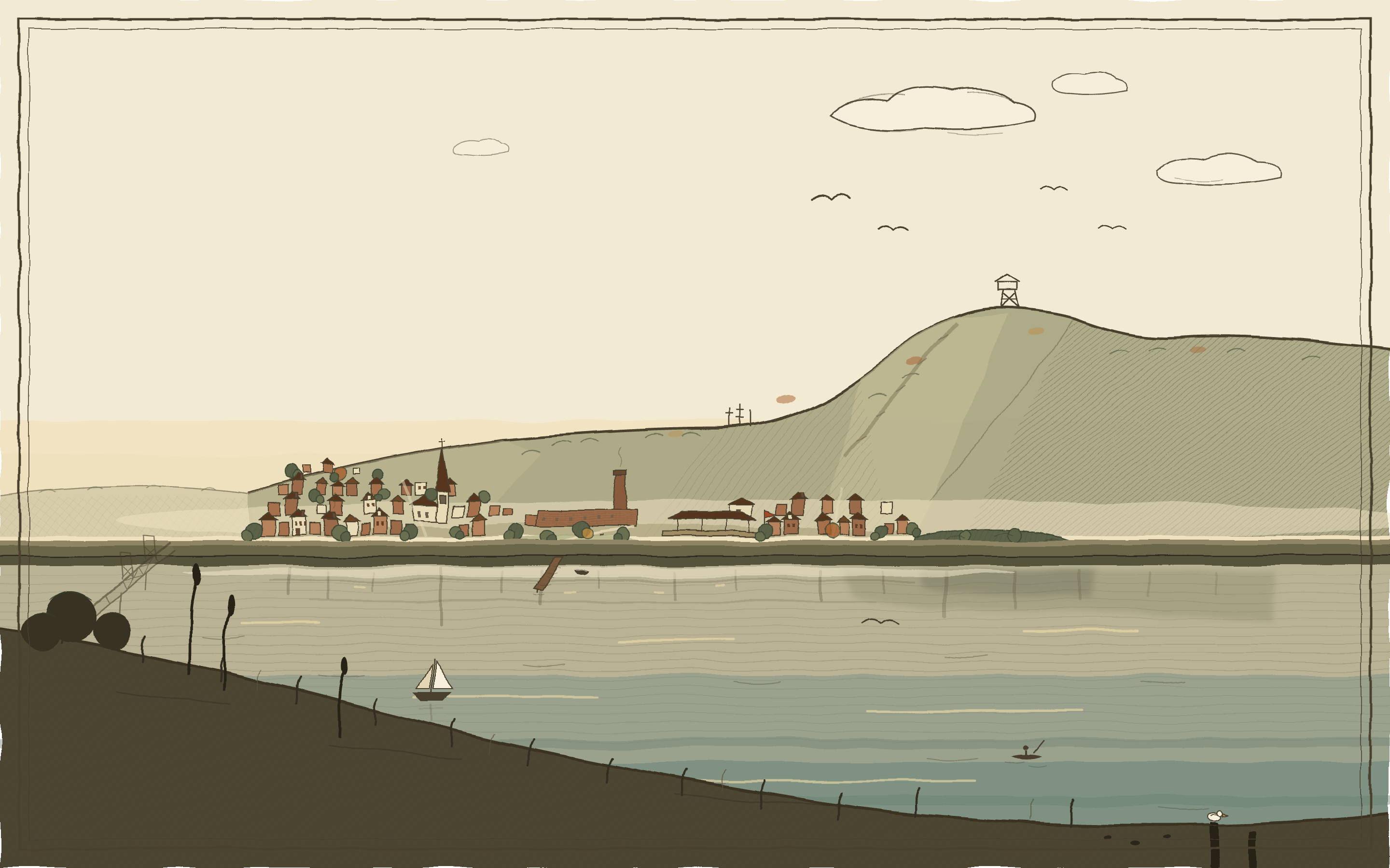 Hand-drawn evening view of Beacon, New York from across the Hudson — the town at the foot of Mount Beacon, a train on the far shore, sailboats on the river