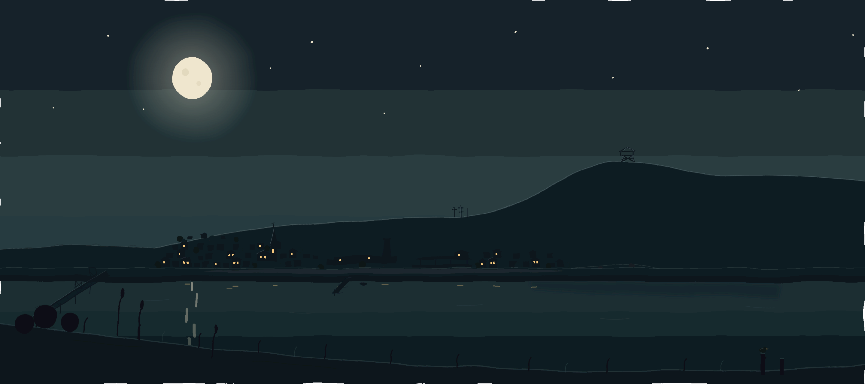 The same view after dark — the town lit for the evening, moon and stars over Mount Beacon